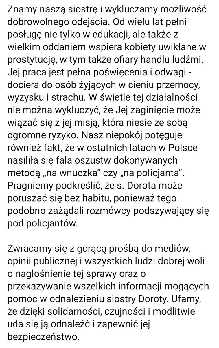 GodekKajaU's tweet photo. Bardzo proszę o pomoc w dotarciu jak najdalej. Zaginęła siostra zakonna, która pomagała kobietom wyjść z prostytucji. Zaginęła w niejasnych okolicznościach. Bardzo niepokojąca sprawa i możliwość, że siostra jest zagrożona.

Pls, RT! https://t.co/Ca40nVPRH6