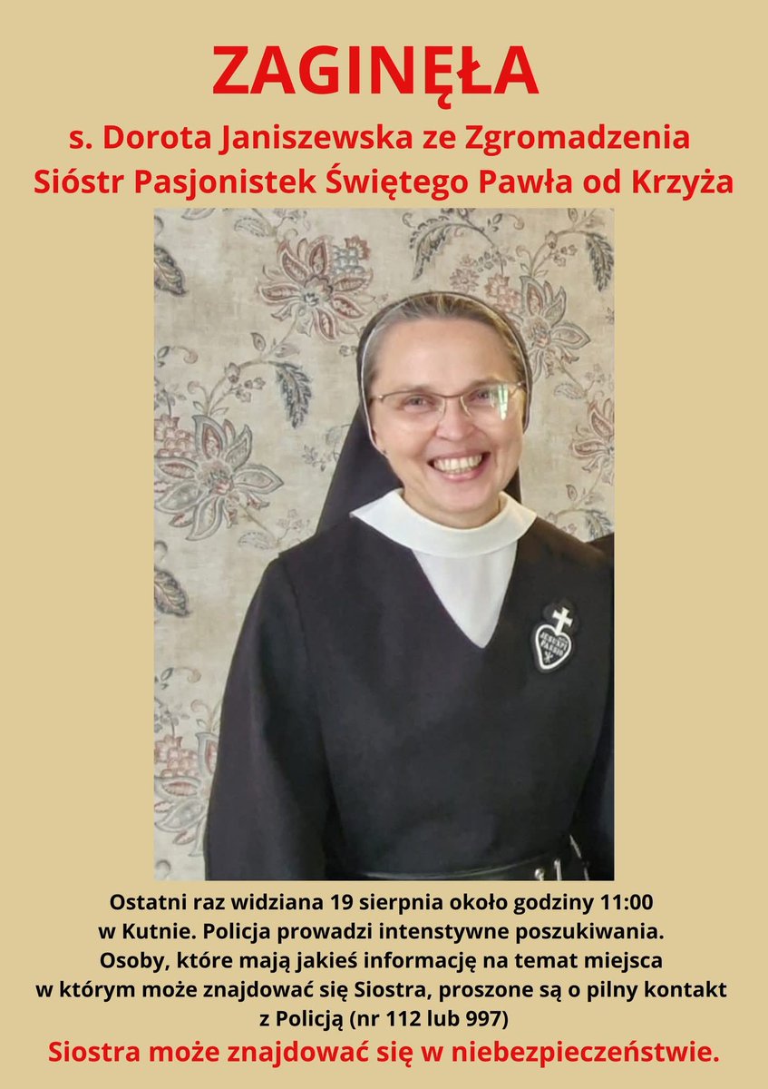 Bardzo proszę o pomoc w dotarciu jak najdalej. Zaginęła siostra zakonna, która pomagała kobietom wyjść z prostytucji. Zaginęła w niejasnych okolicznościach. Bardzo niepokojąca sprawa i możliwość, że siostra jest zagrożona.

Pls, RT!