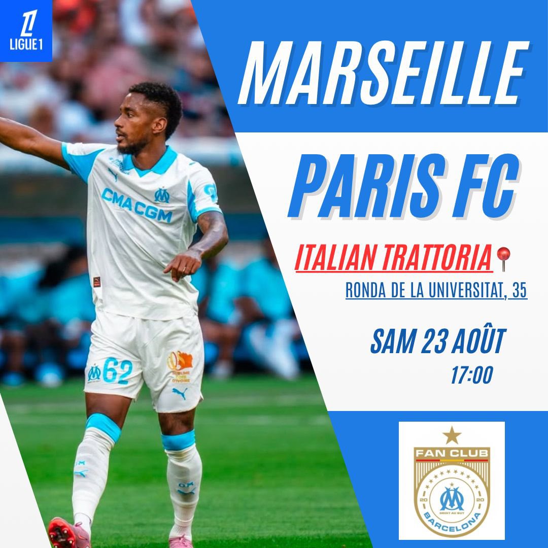 OM_Barcelone's tweet photo. 🔵⚪️ OM à Barcelone 🇪🇸

Rendez-vous samedi 17h à l’Italian Trattoria 🇮🇹 pour OM – Paris FC 🔥

Écran géant, pizzas, pâtes et une ambiance 100% marseillaise au cœur de Barcelone !

Venez nombreux pousser l’OM vers la victoire et lancer enfin la saison 💪

#TeamOM #OMBarcelone https://t.co/w9wdLFr5NA