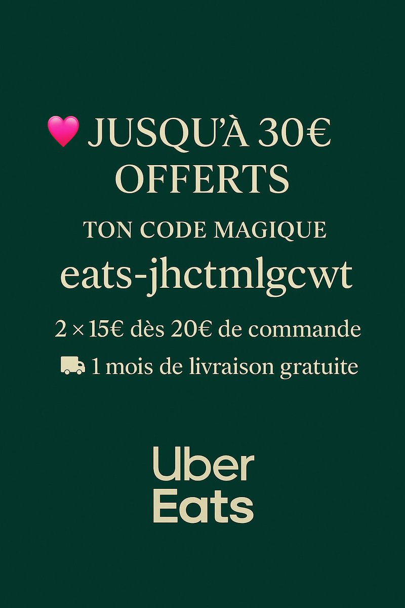 MoonHomeless's tweet image. 💖 Jusqu’à 30€ offerts sur Uber Eats ! 💖
🎁 2×15€ dès 20€ de commande + 1 mois livraison gratos 🚚
Code : eats-jhctmlgcwt

Parfait pour se régaler sans se ruiner 🍔🍕

#UberEats #BonPlan #CodePromo #PSG  #France