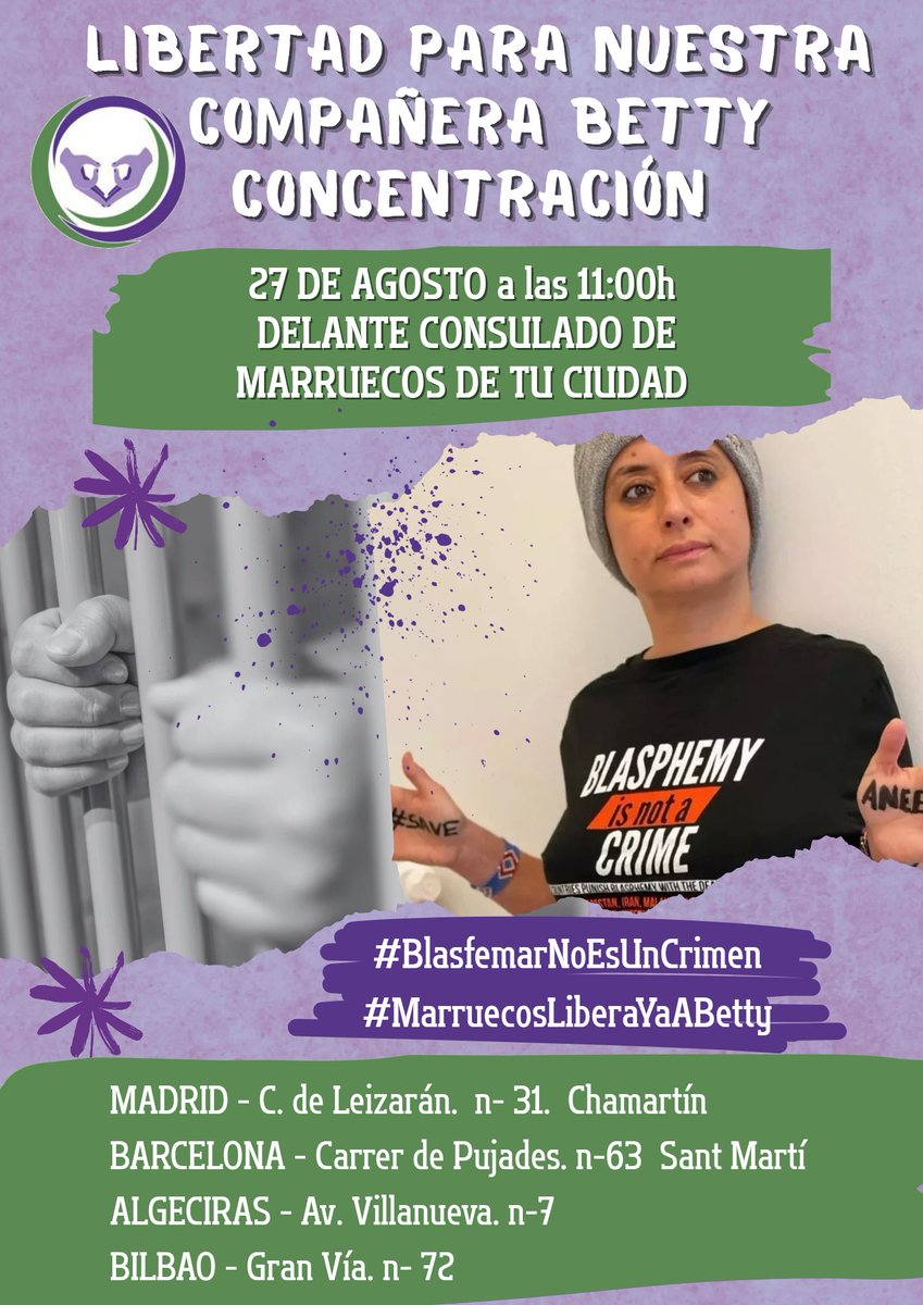 Cada vez somos más y seguiremos siendo más #HastaLiberarte ! 
Se suman las mujeres de #Bilbao y también convocan concentración en 27/8 a las 11h  en el consulado de #Marruecos para exigir la inmediata puesta en libertad de nuestra compañera <a href="/IbtissameBetty/">I. Betty Lachgar ♀️🔥</a> . Ven!
#FreeBetty