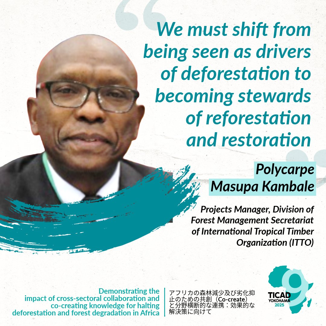 unredd's tweet photo. "We must shift from being seen as drivers of deforestation to becoming stewards of reforestation and restoration", Polycarpe Kambale, Project Manager, @itto_sfm 

#TICAD9 #Forests4Future #ClimateAction https://t.co/92O58f5xUi