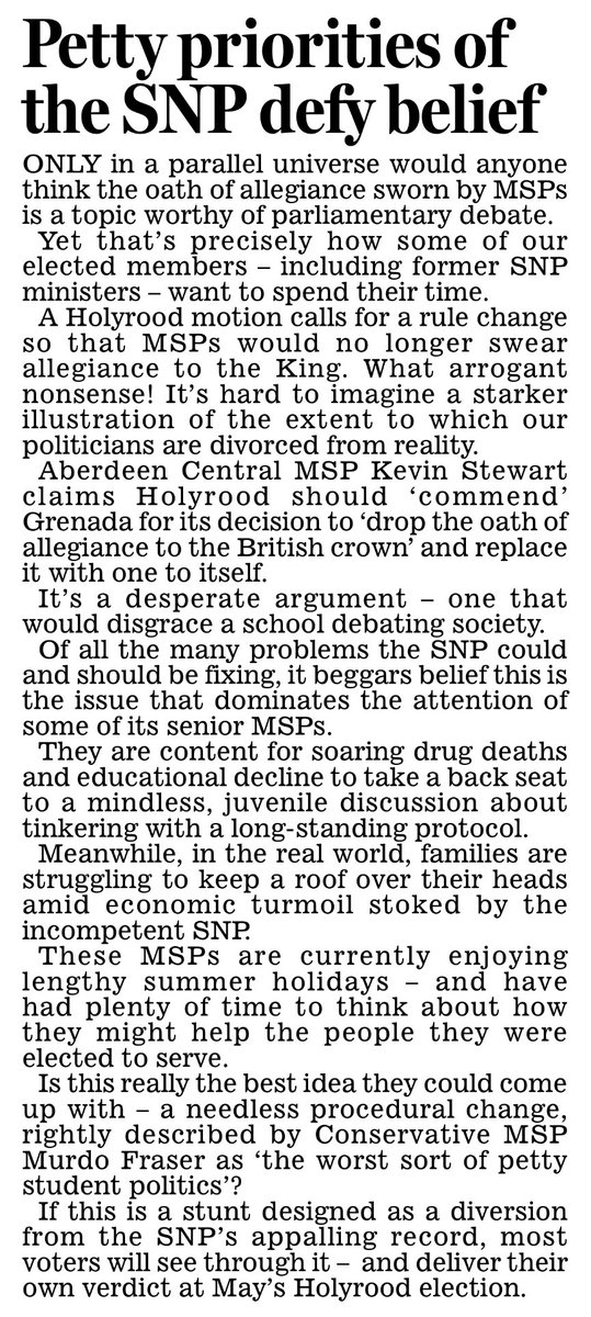 GrahamGGrant's tweet image. ✍️ From today’s leader column: Senior Nationalists calling for oath to the King to be ditched are divorced from reality. Read more 👉 mailplus.co.uk/scottish-editi…

#politics #royals #holyrood #snp #indyref2