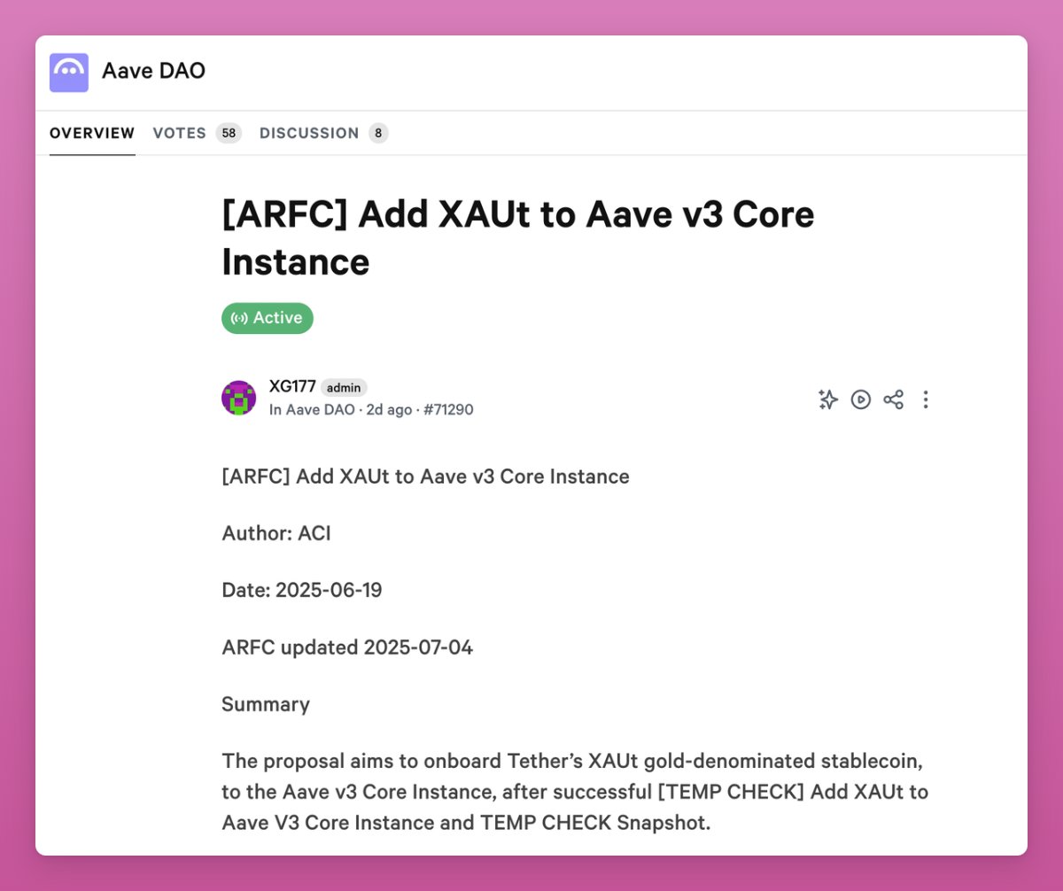 Aave DAO 提案：将 XAUt 添加到 V3 Core Instance 的截图