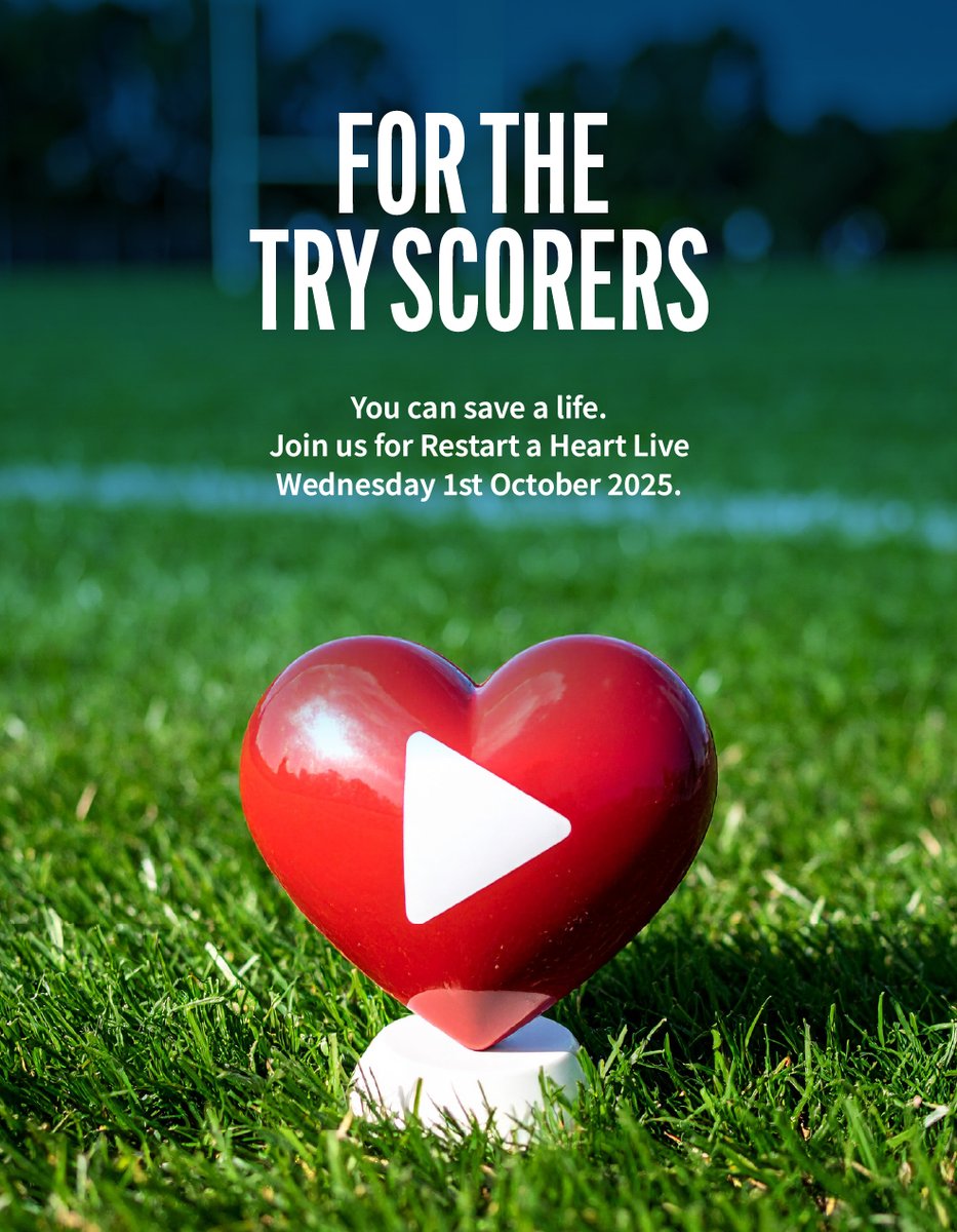 For all the #RWC2025 supporters in Wales -  why not also learn to save a life  - it will take 20 minutes –  join Restart a Heart on 1 October. Register here: restartaheart.live