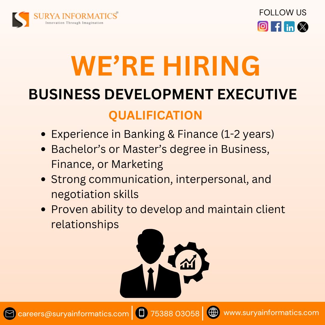 Surya Informatics Solutions Pvt. Ltd., (@surya_infomatic) on Twitter photo Now Hiring: Business Development Executive
Join Surya Informatics if you have 1-3 years experience in Banking & Finance.
🎓 Degree in Business/Finance/Marketing
💬 Excellent communication and negotiation skills
📩 Apply today: careers@suryainformatics.com #Hiring #BDE Now Hiring: Business Development Executive
Join Surya Informatics if you have 1-3 years experience in Banking & Finance.
🎓 Degree in Business/Finance/Marketing
💬 Excellent communication and negotiation skills
📩 Apply today: careers@suryainformatics.com #Hiring #BDE