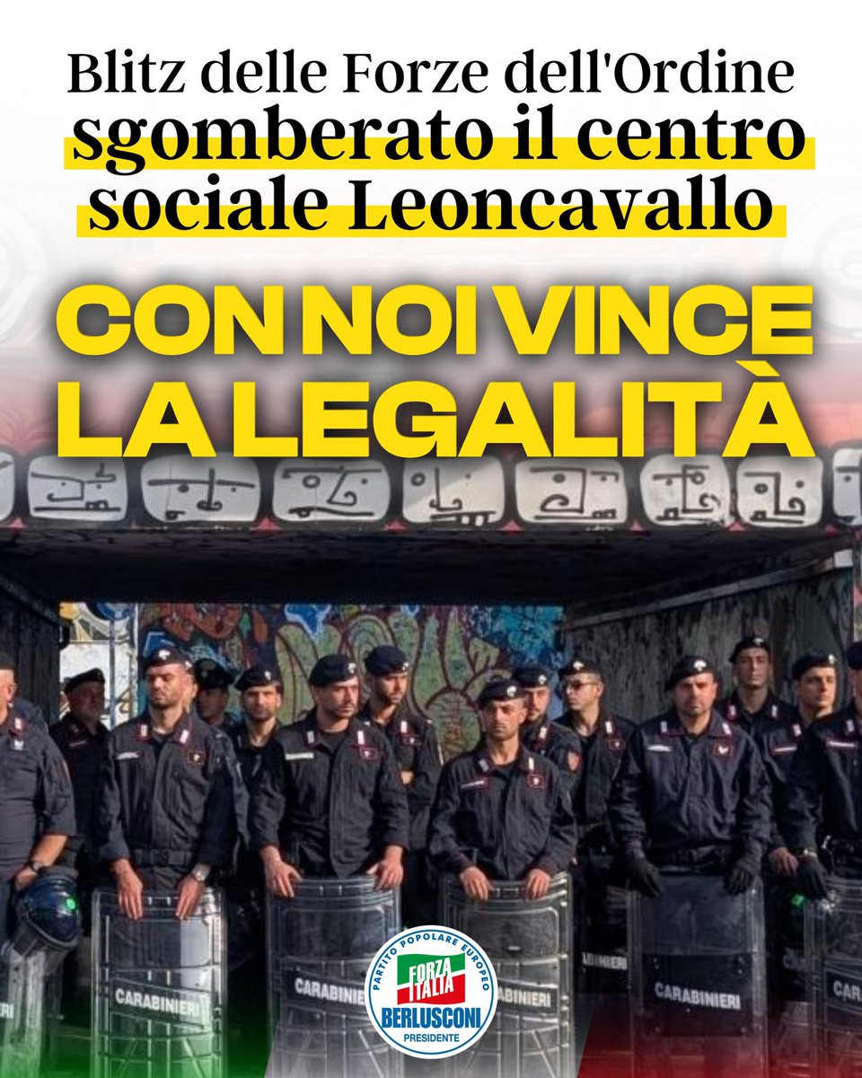 forza_italia's tweet photo. Dopo 31 anni di occupazione abusiva, illegalità e violenze lo spazio di Leoncavallo è libero. 

Con noi, la sicurezza e la legalità tornano al primo posto. https://t.co/0wxfjJgLdz