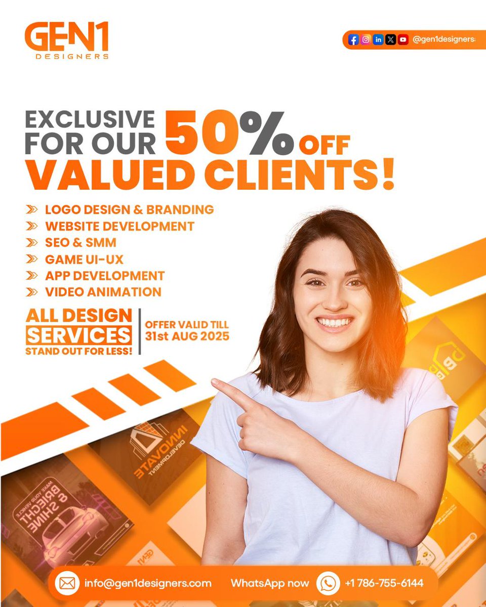 GEN1Designer's tweet photo. Get Exclusive 50% discount on all GEN1 Designers services!
📅 Offer valid until 31st August 2025
🔗 Visit us: https://t.co/oPGtWq2qAt
📧 Email: info@gen1designers.com
Let’s build something amazing together!
#gen1 #gen1designers #logodesign #brandingdesign #dihitalagency https://t.co/tBxR5iZYCs
