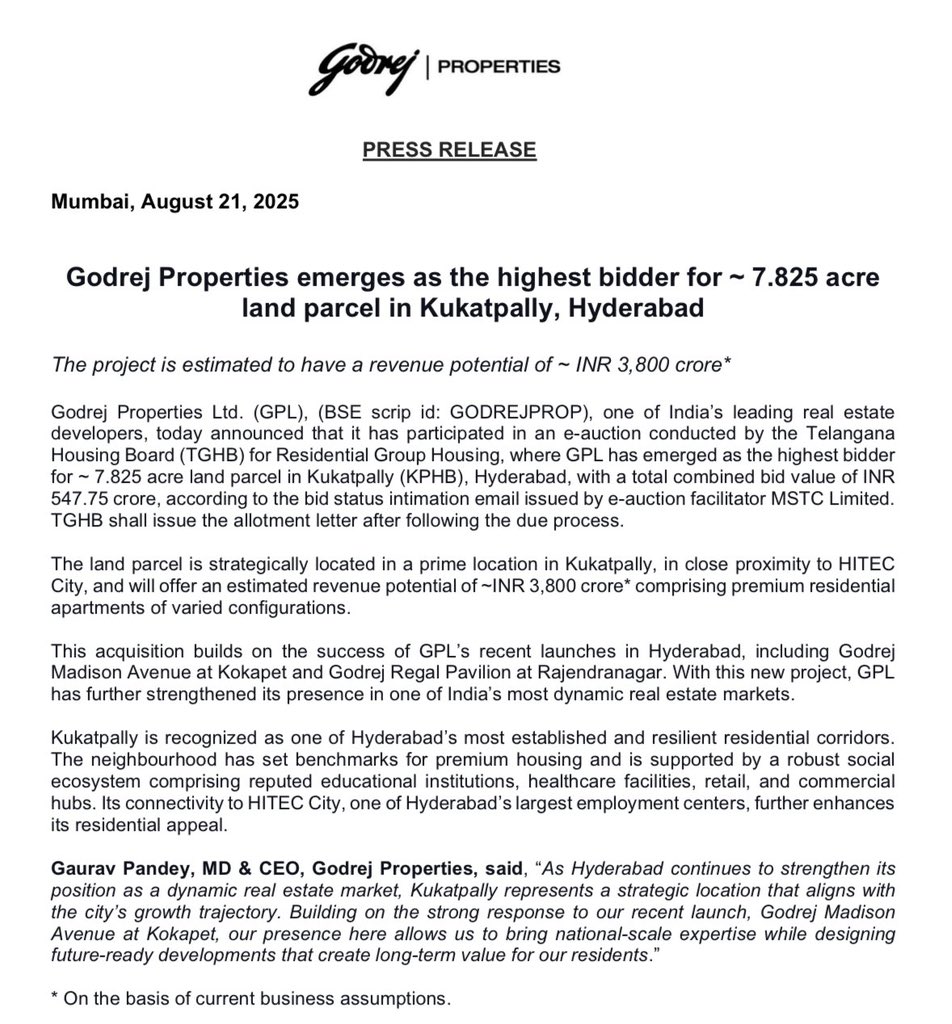 hyderabadprop's tweet image. 🚨 Hyderabad Real Estate Update 🚨

Godrej Properties wins the bid for 7.825 acres in KPHB, Kukatpally at ₹547.75 Cr!

📈 Revenue potential: ~₹3,800 Cr
🏙️ Premium residential project near HITEC City

For investments through PropGo ☎️ 9949762000

#PropGo #HyderabadRealEstate…
