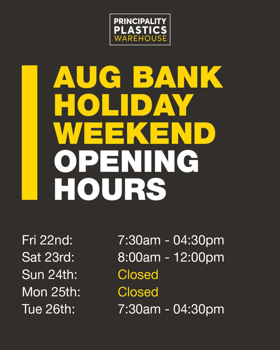 PPWGroup's tweet photo. Long-weekend loading… ⏳🔧
Stock up ahead of the August bank holiday for those projects you’ve been planning!

Open: Fri 22nd &amp; Sat 23rd
Closed: Sun 24th &amp; Mon 25th
Back Tue 26th bright and early. https://t.co/nPUghUqeIJ