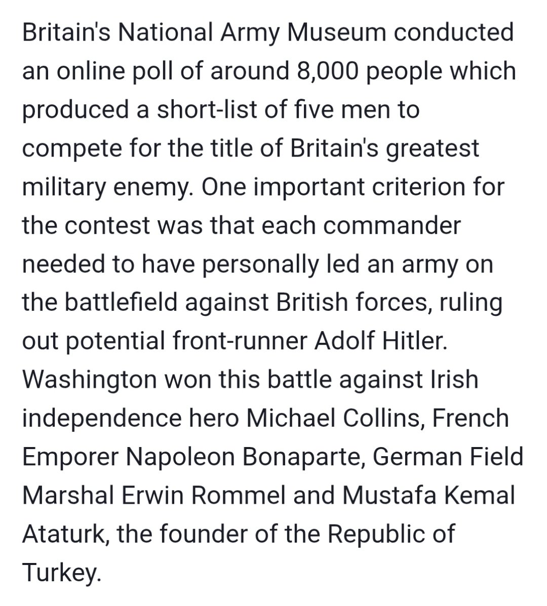 _Turchino_'s tweet photo. 2012'de İngiltere'deki National Army Museum Britanya'nın gelmiş geçmiş en büyük askeri düşmanlarıyla ilgili bir oylama yapar. Listede 5 kişi vardır, biri Atatürk'tür. https://t.co/KgzAdeUJWp https://t.co/V4NAy6EoCG