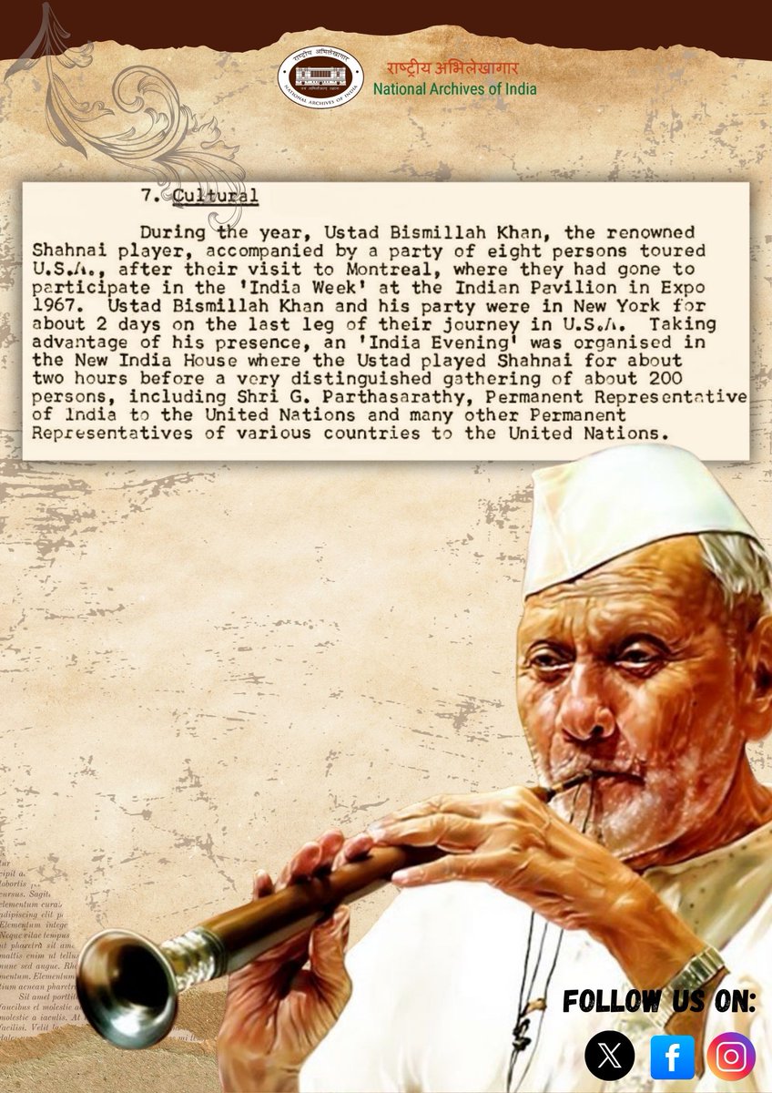 On the occasion of Ustad Bismillah Khan's death anniversary, the shehnai maestro who graced India’s Independence Day in 1947 &amp; won the Bharat Ratna in 2001.
#NAI shares a 1967 record of his mesmerising 2-hr recital at New India House, New York.
#CultureUnitesUsAll