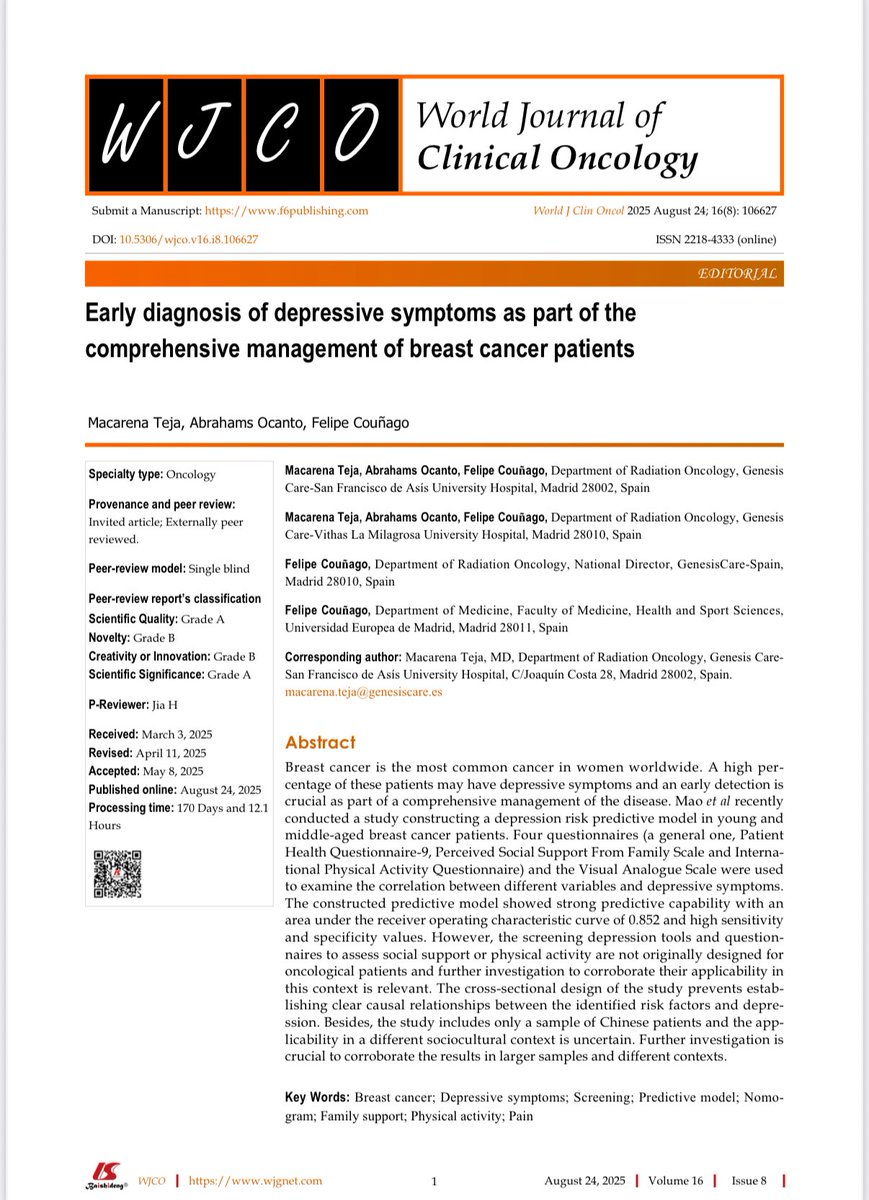 👏 Congrats to the authors!
🧠 New nomogram predicts depression in #BreastCancer (AUC 0.85 ✅).
Key: pain 💢, activity 🏃‍♀️, family support 👨‍👩‍👧, income 💰, tumor grade 🧬.

⚠️ Needs validation, but a step forward.
#Oncology #MentalHealth

DOI: dx.doi.org/10.5306/wjco.v…