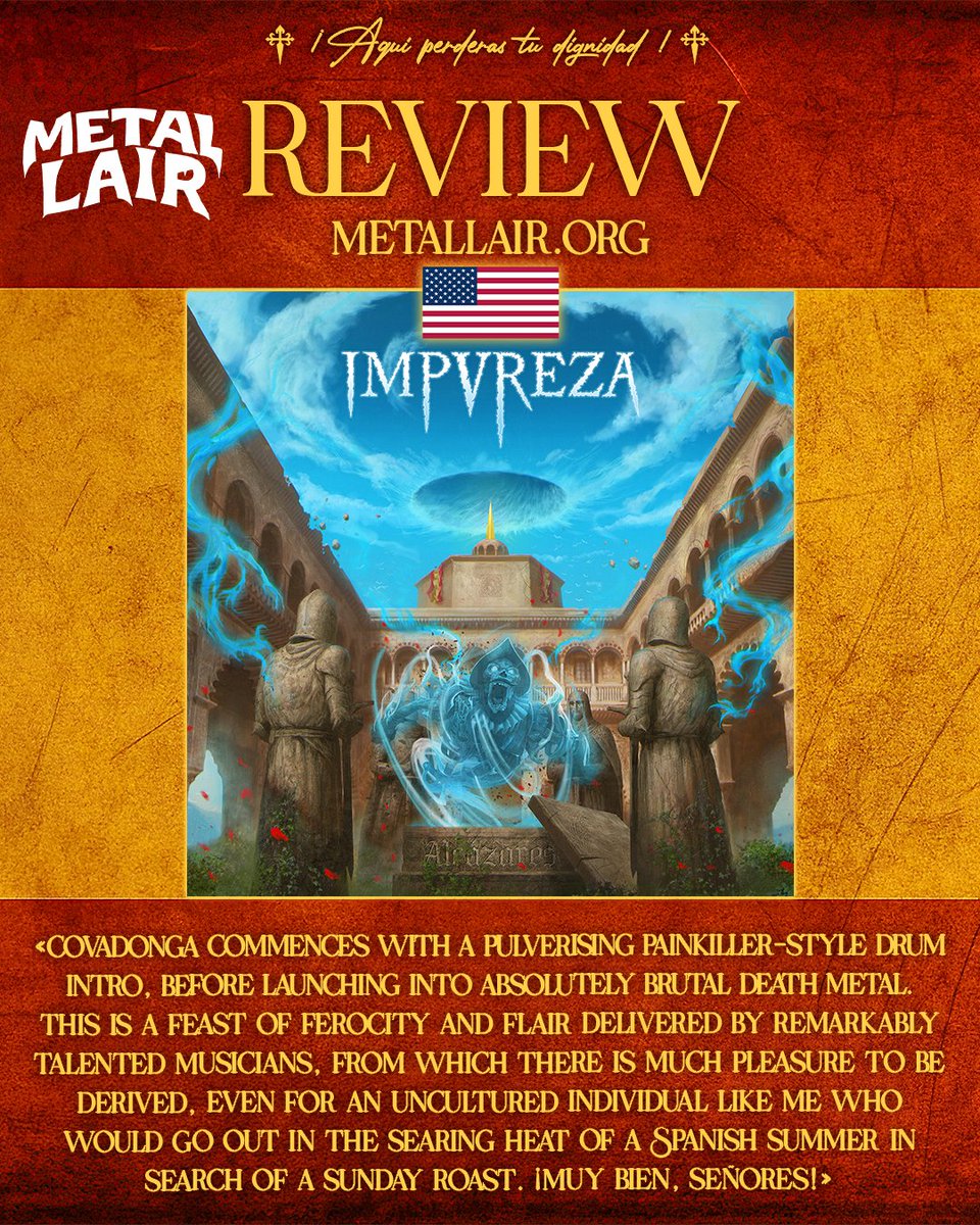 ImpurezaBand's tweet photo. [𝐑𝐄𝐕𝐈𝐄𝐖] https://t.co/XBu6hiQNsX 🇺🇸
"Covadonga commences with a pulverising painkiller-style drum intro, before launching into absolutely brutal death metal."
👉 https://t.co/E4DeL4APNa
#Impureza #Alcazares #Flamenco #Hispanic #SeasonOfMist #metallair https://t.co/0U7G1IeDoK