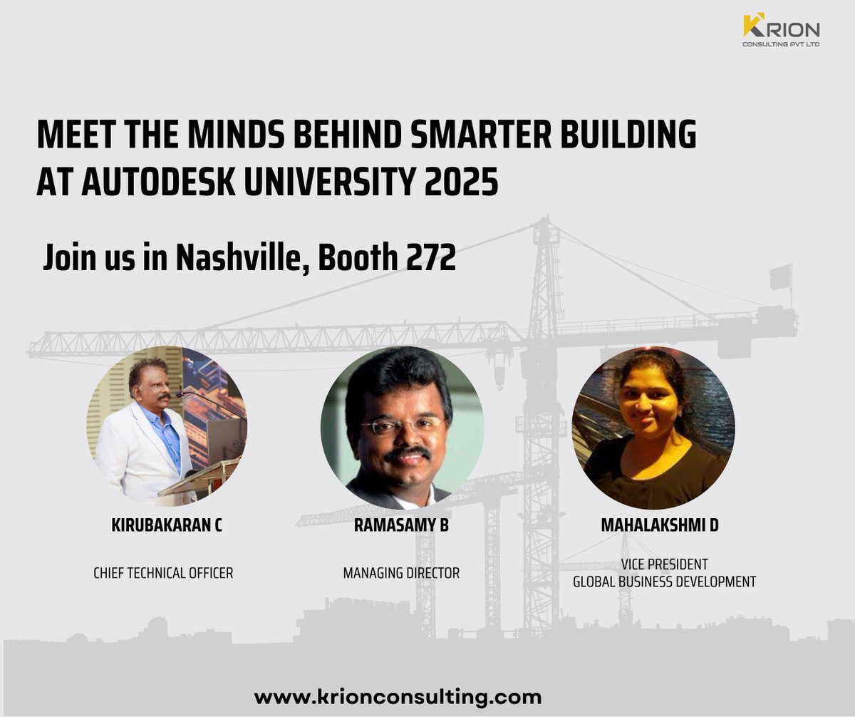 KrionConsulting's tweet photo. Heading to #AU2025 in Nashville?
Stop by Booth 272 to see live demos of Krion-6D and meet our team. From design to maintenance, discover how we’re making every stage of the building lifecycle smarter.
🔗 https://t.co/RduGyq8mhD
#Krion6D #AU2025 #AutodeskUniversity https://t.co/INLR3jx1Oc