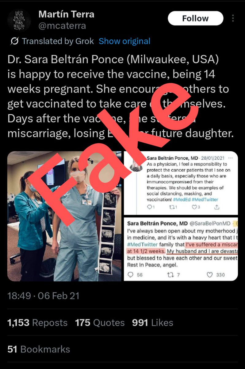 🚨 The story of a lie, that keeps on lying.
And keeps on causing hurt 😢

It starts Feb 6, 2021, and features two pregnant healthcare workers both innocent of the lie, and both afaik unconnected
Physician, Dr. Sara Beltrán Ponce, MD
a nurse, Amy Guy-Ulrich
and this lie...
1/x