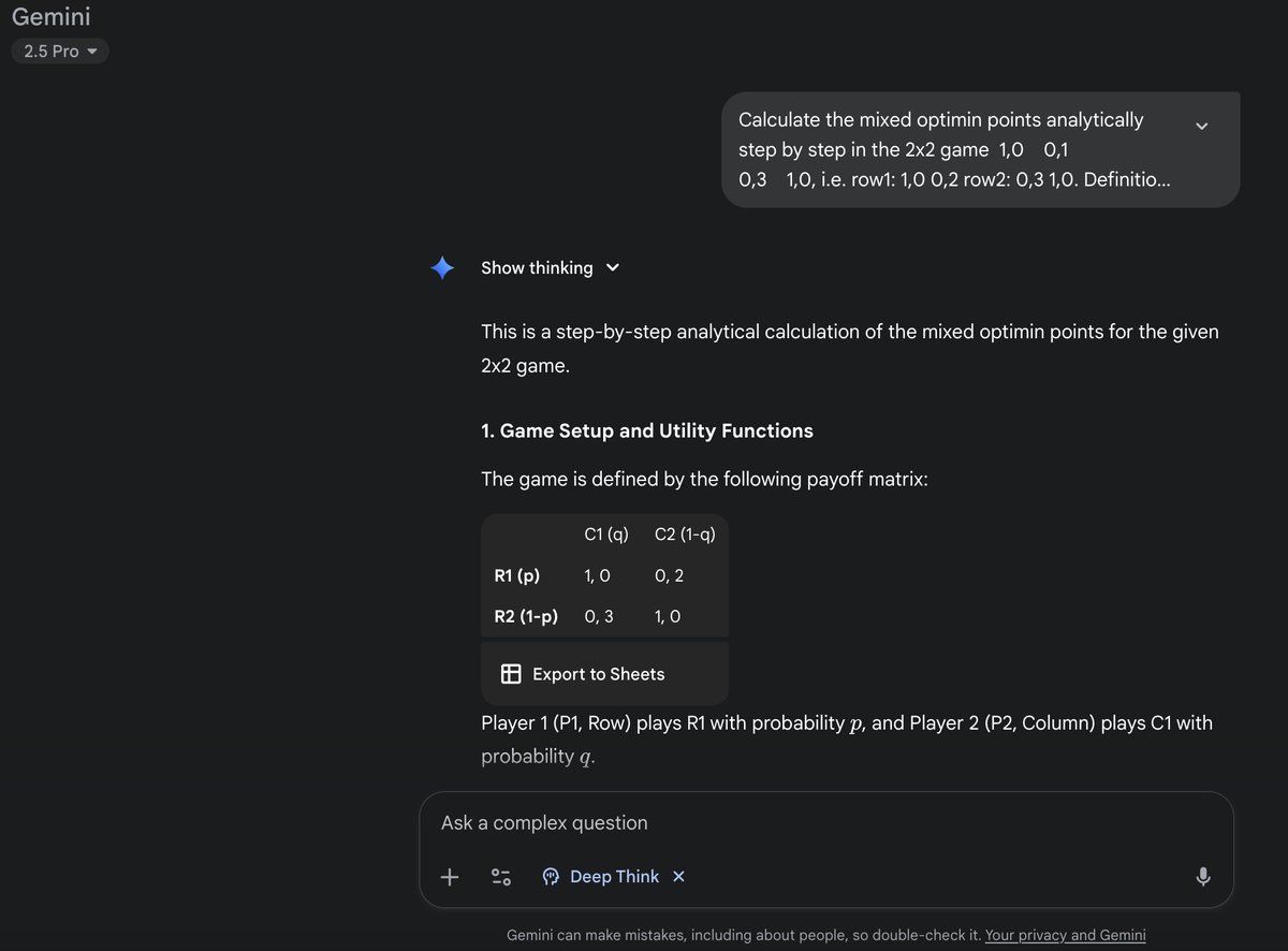MehmetMars7's tweet image. 1/ 🧵I did an extensive test of GPT-5 Pro vs Gemini Deep Think on unseen #gametheory questions with no solutions available online. Here&apos;s my frank review with a clear ranking ⬇️