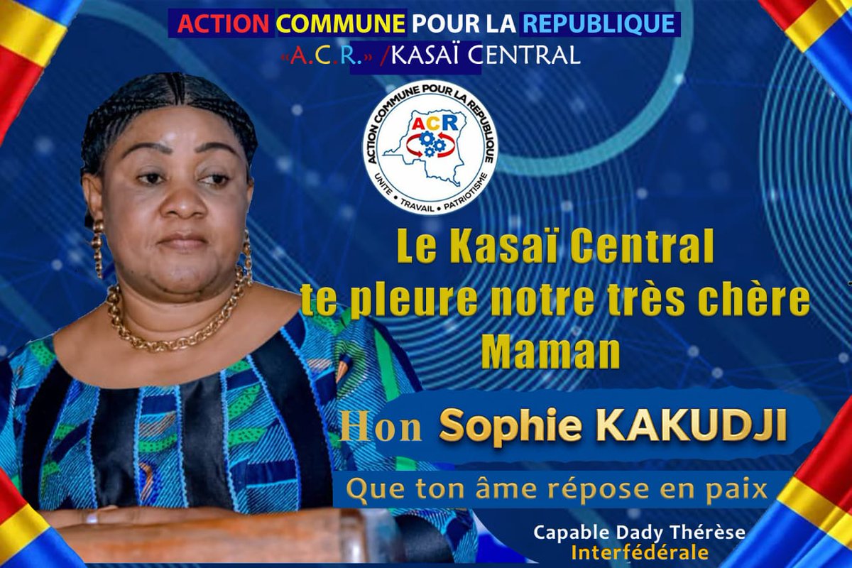 OlivierDomyBey1's tweet image. #KASAÏCENTRAL – #ACR
L’Interfédération du Kasaï Central, conduite par la Capable Daddy Thérèse NGALULA, est en deuil 😭.
Nous pleurons Maman Sophie et présentons nos sincères condoléances à la famille biologique et politique de l’Hon. Sophie Kakudji.

Que son âme repose en paix😭