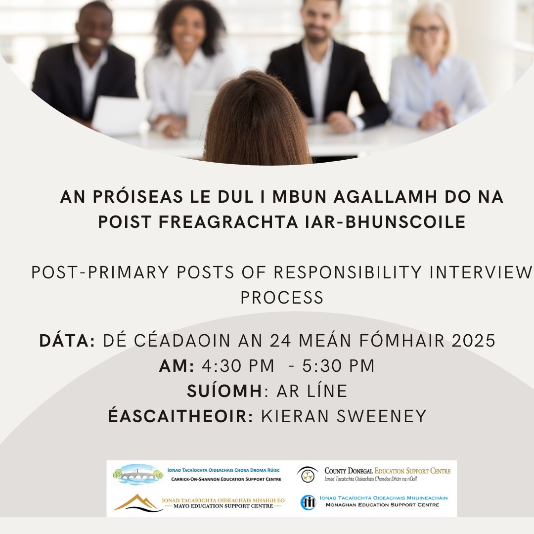 Donegal Education Support Centre (@edcentredonegal) on Twitter photo 🌞Cúrsa FGL Iar-bhunscoile - An Próiseas le dul i mbun Agallamh do na Poist Freagrachta | Post Primary Posts of Responsibility Interview Process
Post Primary CPD 🌞
📆 Dé Céadaoin an 24 Meán Fómhair 2025
⏰ 4:30 pm – 5:30 pm
📌Ar lĂne
👨 Kieran Sweeney
🔗donegaledcentre.ie/post-primary-c… 🌞Cúrsa FGL Iar-bhunscoile - An Próiseas le dul i mbun Agallamh do na Poist Freagrachta | Post Primary Posts of Responsibility Interview Process
Post Primary CPD 🌞
📆 Dé Céadaoin an 24 Meán Fómhair 2025
⏰ 4:30 pm – 5:30 pm
📌Ar lĂne
👨 Kieran Sweeney
🔗donegaledcentre.ie/post-primary-c…