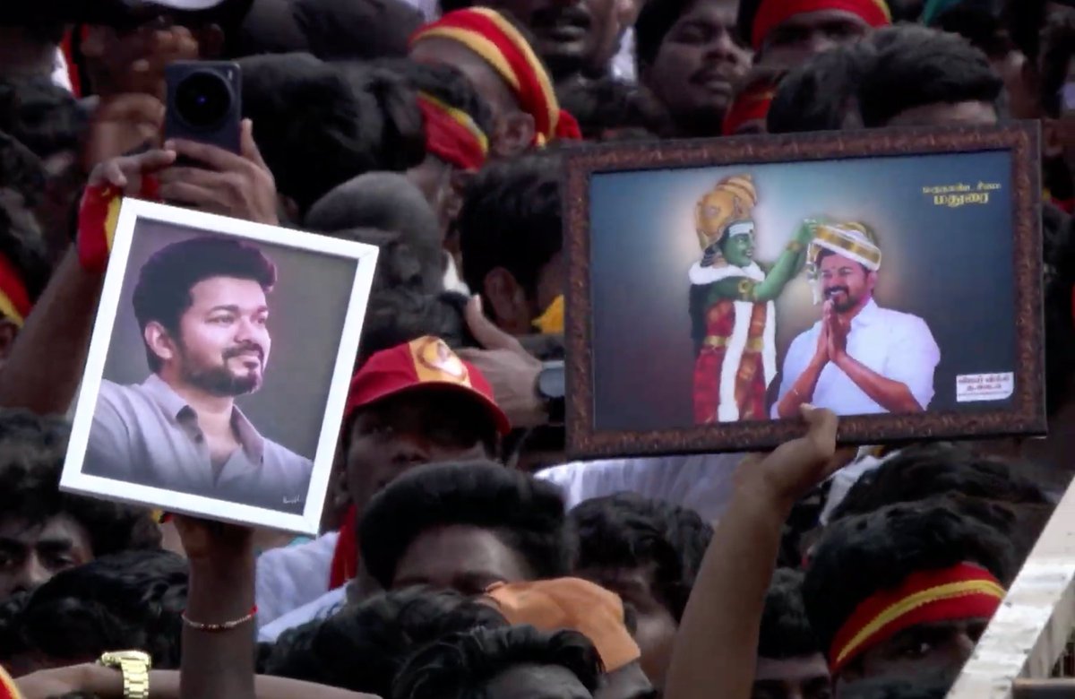 Tamilaga Vettri Kazhagam #TVK 's 'Vaagai Soodum Varalaru Thirumbugiradhu: Vetri Peraniyil Tamil Nadu' election campaign begins in Madurai playing songs from Vijay's career