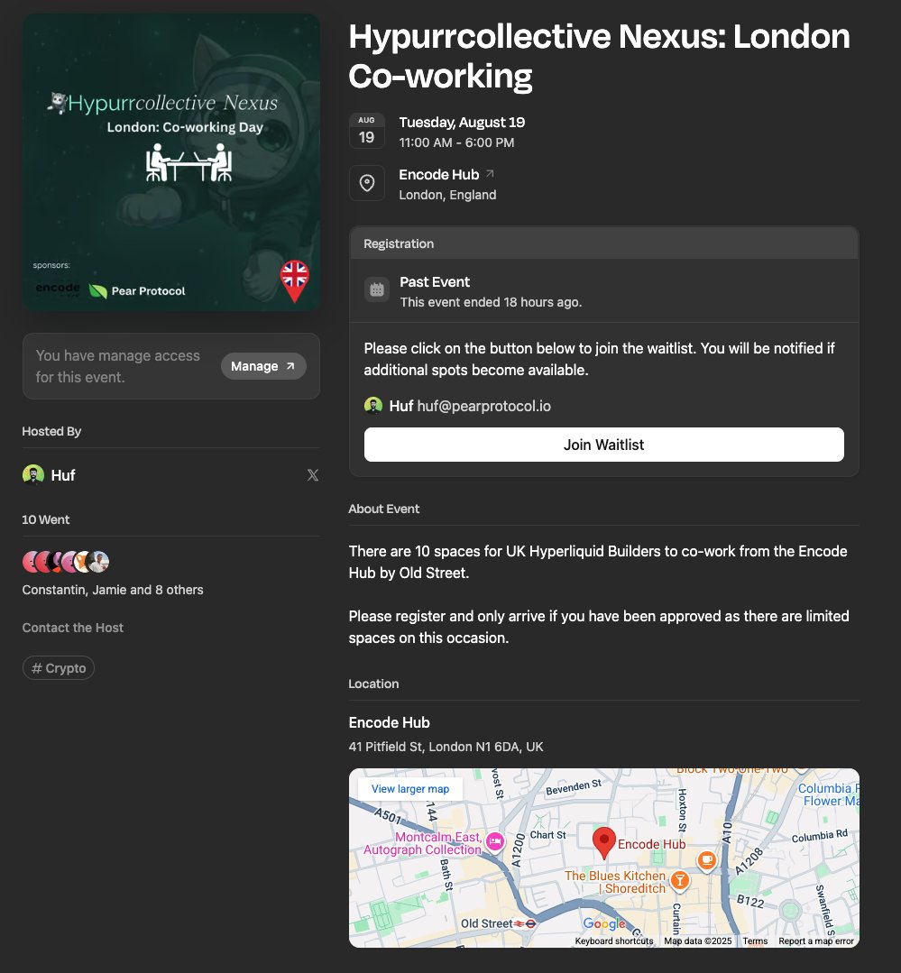 Pear Protocol 🍐 (@pear_protocol) on Twitter photo We’ve been making Hyperliquid 🇬🇧 Co-Working days in London a regular thing at Pear Protocol 🍐
This edition included a pull-up challenge (shoutout <a href="/CryptoMokado/">Mokado.hl</a> for the W 💪).
Thanks <a href="/anth0nybeaumont/">Anthony Beaumont</a> + <a href="/encodeclub/">Encode Club</a> for the venue.
Hackathon next? 👀 We’ve been making Hyperliquid 🇬🇧 Co-Working days in London a regular thing at Pear Protocol 🍐
This edition included a pull-up challenge (shoutout <a href="/CryptoMokado/">Mokado.hl</a> for the W 💪).
Thanks <a href="/anth0nybeaumont/">Anthony Beaumont</a> + <a href="/encodeclub/">Encode Club</a> for the venue.
Hackathon next? 👀