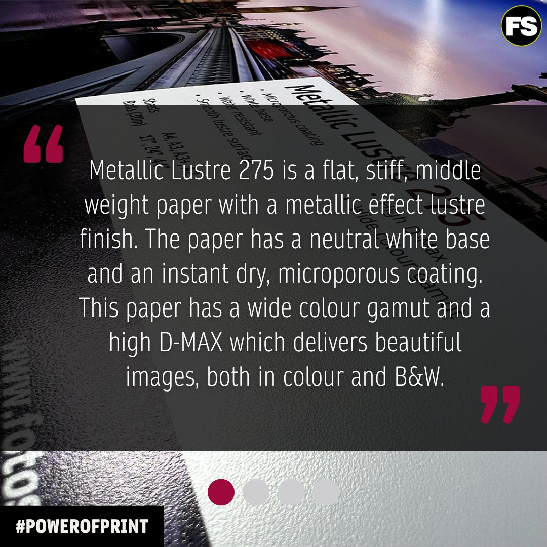 Fotospeed's tweet image. ✨ Fotospeed Metallic Lustre 275

✅ 275gsm metallic lustre surface
✅ Deep blacks &amp;amp; vibrant colours
✅ Wide colour gamut + high D-MAX
✅ Great for colour &amp;amp; mono

Make your prints pop with brilliance.

🔗 fotospeed.com/metallic-lustr…

#Fotospeed #MetallicLustre275