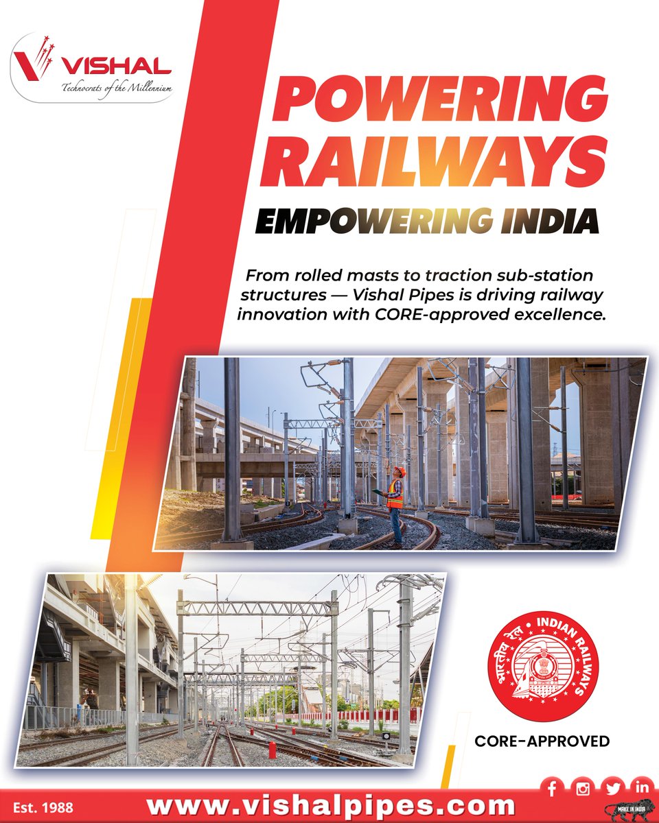VishalPipes's tweet photo. From rolled masts to traction sub-station structures, Vishal Pipes is driving railway innovation with CORE-approved excellence — Powering Railways, Empowering India.
#VishalPipes #PoweringRailways #EmpoweringIndia #COREApproved #RailwayInfrastructure #InnovationInSteel https://t.co/ULJ1XnwwBV