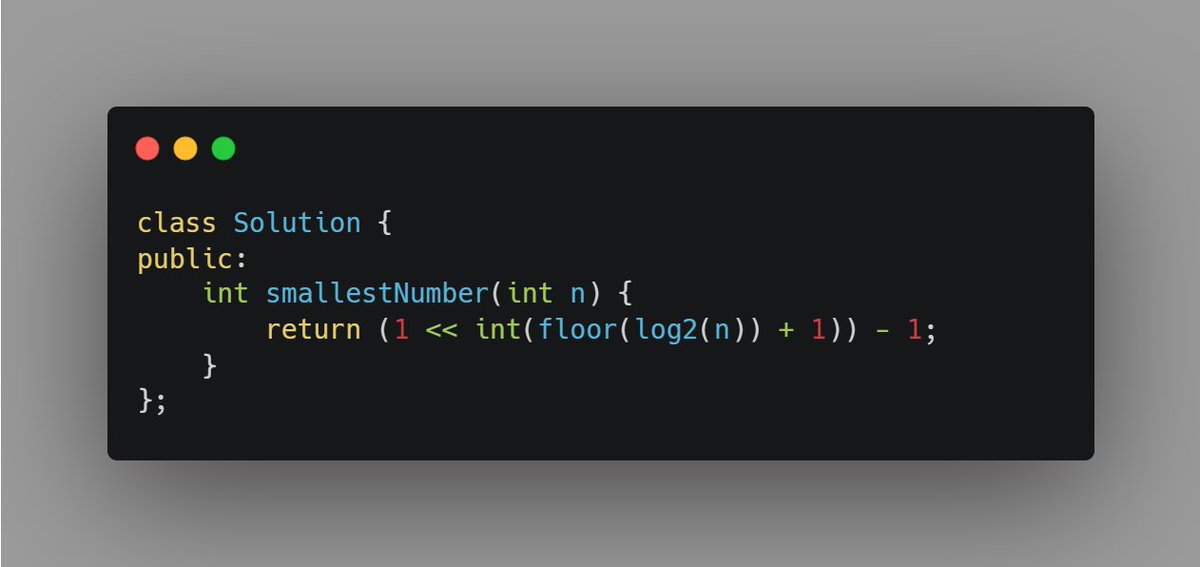 ifaldziah's tweet photo. Day 228 of #OneDayOneLeetCode | Easy

Geser bit dari angka 1 ke kiri sejauh panjang bit n buat dapetin angka pangkat 2 terdekat dari n terus hasilnya dikurang 1 biar dapeting angka yg bit nya 1 semua.

https://t.co/2lZUo23Vo7

#DailyLeetCodeChallenge https://t.co/dUws8KWTyi