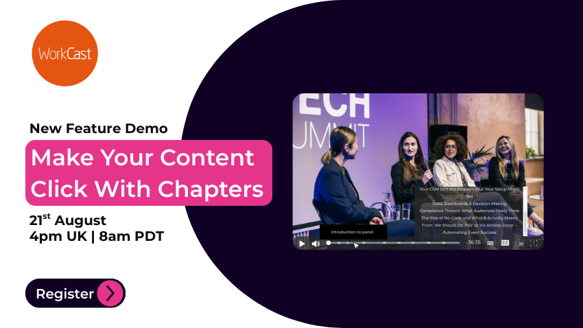 WorkCast's tweet image. We’ve kept this one under wraps for a while… but today’s the day! 🎉

Join Vicki Whiffing at 4pm UK | 8am PDT for the first demo of Chapters (Beta) – our new way to make videos easier to watch, search, and share.

🔗 hubs.la/Q03Clzt90