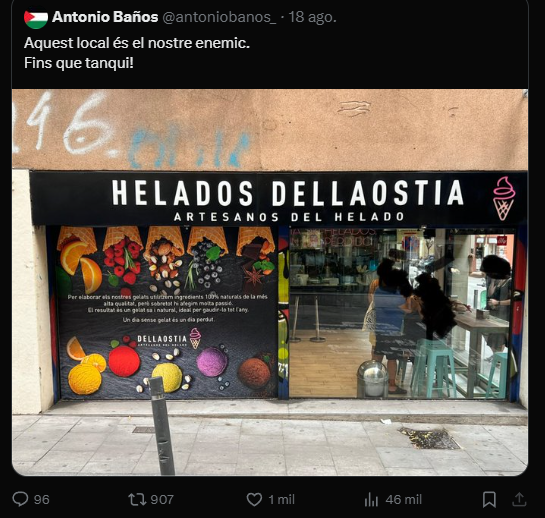 La crida al boicot en xarxes socials de la gelateria regentada per argentins al barri de Gràcia de Barcelona per presumpta discriminació i atac verbal a una persona per expressar-se en català és un símptoma de la deriva cap al feixisme d'un sector del nacionalisme català per la