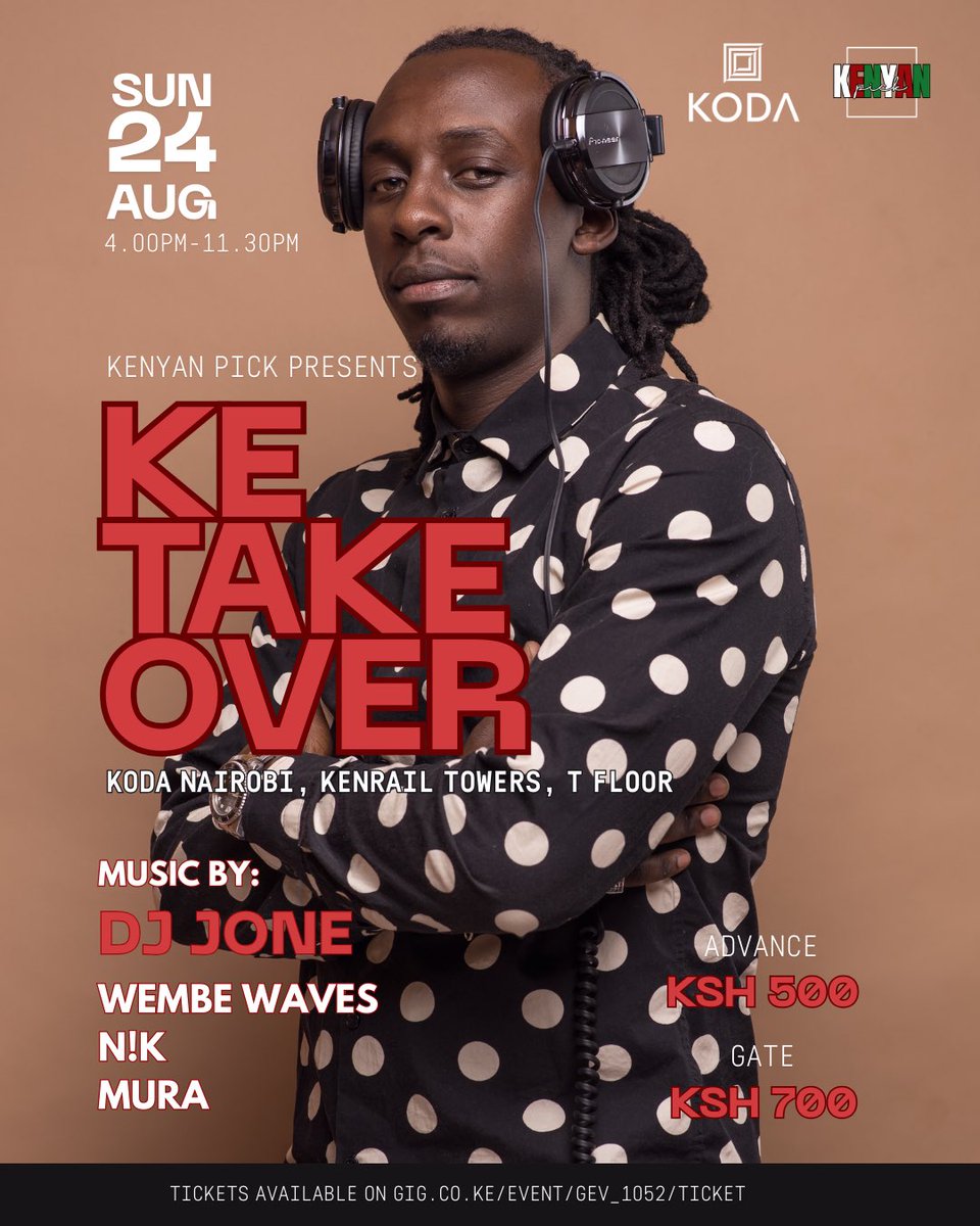 tee4tuff (@tessywachira) on Twitter photo Come through for KE TAKEOVER🇰🇪 this Sunday 24th at <a href="/kodanairobi/">KODA Nairobi</a> and let’s jam to Panda Basi and other Kenyan gems together ❤️✨
Courtesy of <a href="/KenyanPick/">Kenyan Pick 🇰🇪🎙️</a> <a href="/beingnik9/">Maybe Nicholas.</a> <a href="/mzeewembe/">Mzee Wembe II</a> <a href="/muraTHEdj/">Dj Mura K.E</a> <a href="/BeanieManDJ/">DJ_Jone_KE</a> 🇰🇪 Come through for KE TAKEOVER🇰🇪 this Sunday 24th at <a href="/kodanairobi/">KODA Nairobi</a> and let’s jam to Panda Basi and other Kenyan gems together ❤️✨
Courtesy of <a href="/KenyanPick/">Kenyan Pick 🇰🇪🎙️</a> <a href="/beingnik9/">Maybe Nicholas.</a> <a href="/mzeewembe/">Mzee Wembe II</a> <a href="/muraTHEdj/">Dj Mura K.E</a> <a href="/BeanieManDJ/">DJ_Jone_KE</a> 🇰🇪
