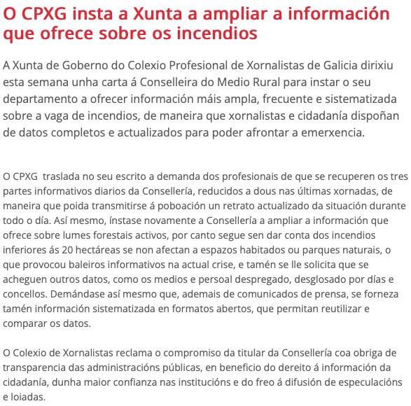 A Xunta de Goberno do CPXG insta a Consellería de Medio Rural a ampliar a información que ofrece sobre os incendios