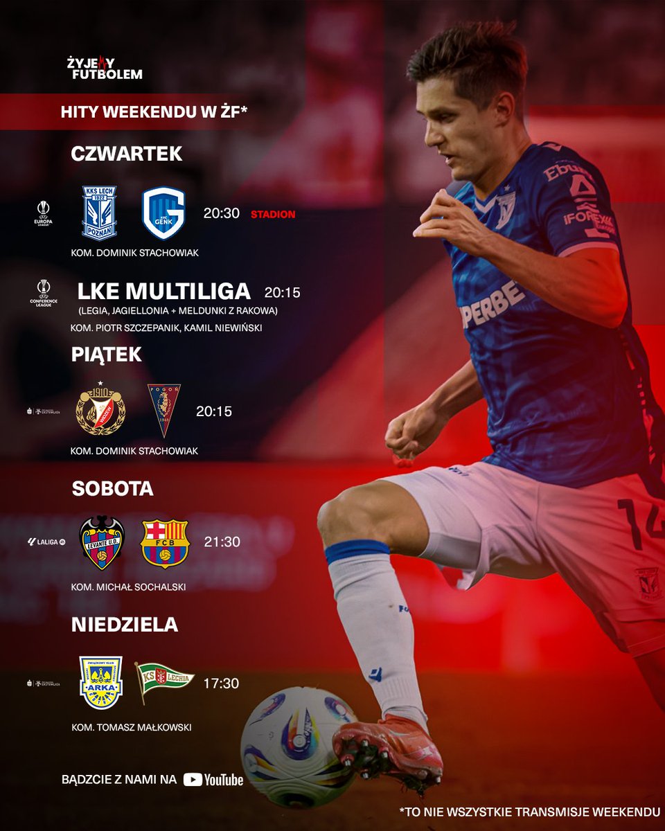 🔴📢 Oto PIŁKARSKIE HITY na antenie kanału Żyjemy Futbolem!

🏟️ #LPOKRC Już dziś mecz Lecha Poznań z Genkiem zrealizujemy dla Was prosto ze stadionu! 

🎙️ Mecz od 20:30 skomentuje <a href="/D__Stachowiak/">Dominik Stachowiak</a>