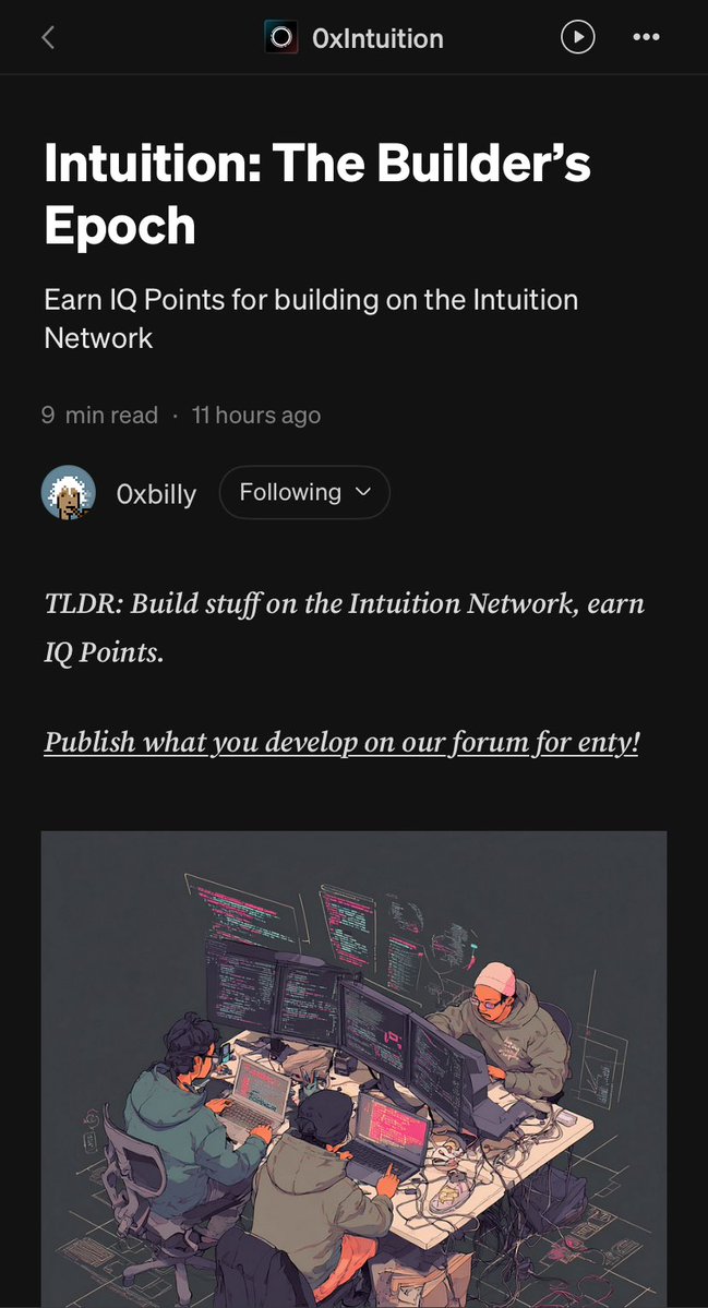 Fiyin. (@missfifi__) on Twitter photo Just finished reading The Builder’s Epoch from <a href="/0xIntuition/">Intuition 👁️</a> , and it really captures a major shift in Web3.
For so long, BUILDER CULTURE has been limited to short-term hackathons and prize pools that often don’t lead anywhere sometimes, but <a href="/0xIntuition/">Intuition 👁️</a> is taking a different Just finished reading The Builder’s Epoch from <a href="/0xIntuition/">Intuition 👁️</a> , and it really captures a major shift in Web3.
For so long, BUILDER CULTURE has been limited to short-term hackathons and prize pools that often don’t lead anywhere sometimes, but <a href="/0xIntuition/">Intuition 👁️</a> is taking a different