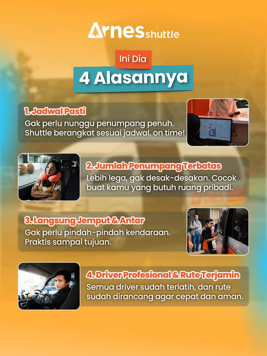ArnesShuttle's tweet photo. Berangkat pagi-pagi, nunggu kendaraan nggak jelas, pindah sana-sini, kadang berdiri sepanjang jalan.

Kayaknya udah jadi rutinitas yang “biasa” buat banyak orang.

Padahal ada pilihan transportasi yang bisa bikin hari kamu jauh lebih ringan.
Aman, nyaman, dan nggak nguras energi. https://t.co/33Oe3UaX9b