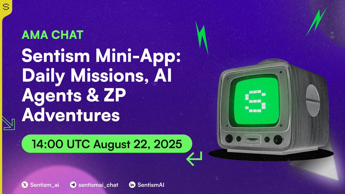 Sentism_ai's tweet photo. 🗓️ Community AMA | August 22 | 14:00 UTC

📍 Venue: https://t.co/m6BqyUTOzD

Join us for an exclusive dive into exploring the Sentism Mini-App: Daily Missions, AI Agents & ZP Adventures.

🎤 Hosts:
- Rose - BDM at @Sentism_ai  
- @xlee_istheking & @katalyst_io - CM at @Sentism_ai

✨ Bring your questions, explore the roadmap & stay ahead with Sentism.

🚀 Let’s build the future together!