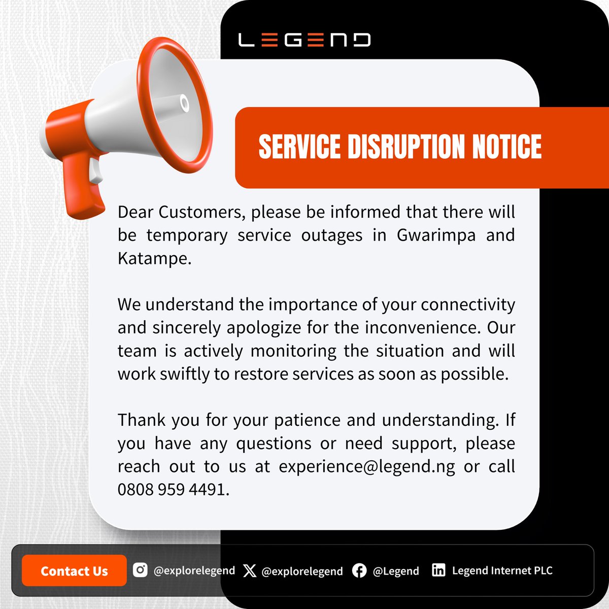 ExploreLegend's tweet photo. We would like to inform our esteemed customers in Gwarimpa and Katampe that there will be temporary service disruptions. 

We sincerely apologize for the inconvenience this may cause and truly empathize with the disruption it brings. 

#ServiceUpdate https://t.co/BMgu9LAFBX