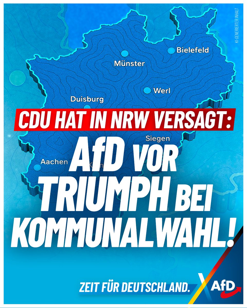 Am 14.9. wählt NRW. Unsere AfD wird klar gewinnen und das Ergebnis wohl verdreifachen. Das räumt sogar Forsa-Chef Güllner (SPD) ein. Das ist die Quittung für das Versagen von CDU und SPD. Wir sind bereit, Verantwortung zu übernehmen!