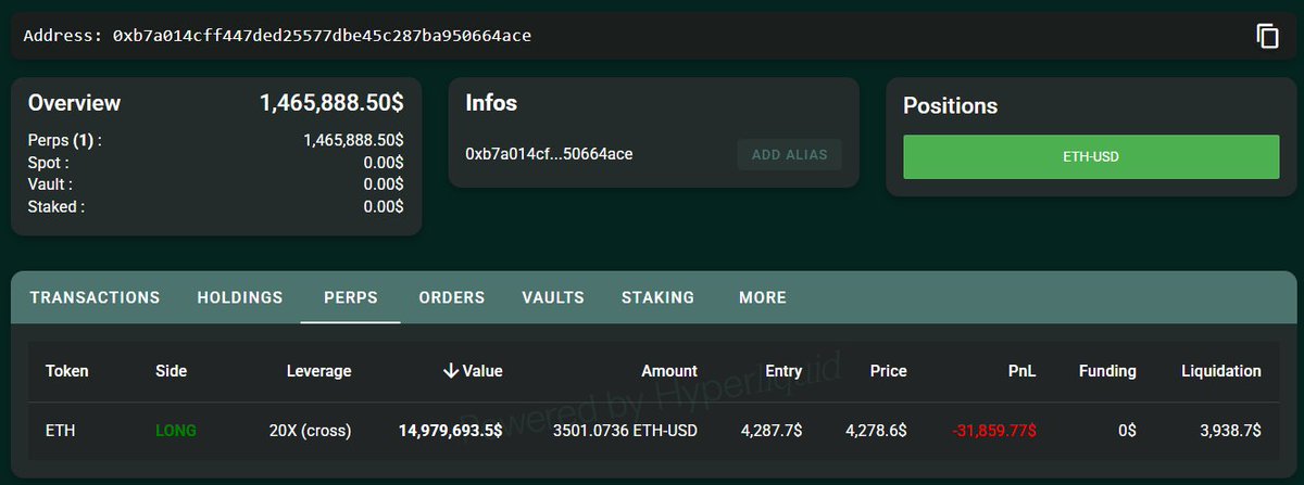 ETH-USDで20xのロングを示すHyperliquidのポジション詳細