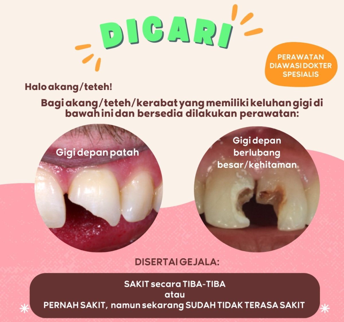 Halo akang teteh, bagi yang berdomisili di Bandung dan memiliki keluhan gigi seperti di bawah, bisa dm aku ya untuk info lebih lanjut mengenai perawatan saluran akar. Terima kasiiih. #perawatangigi #perawatangigigratis #koasgigi #perawatansaluranakar #perawatangigibandung