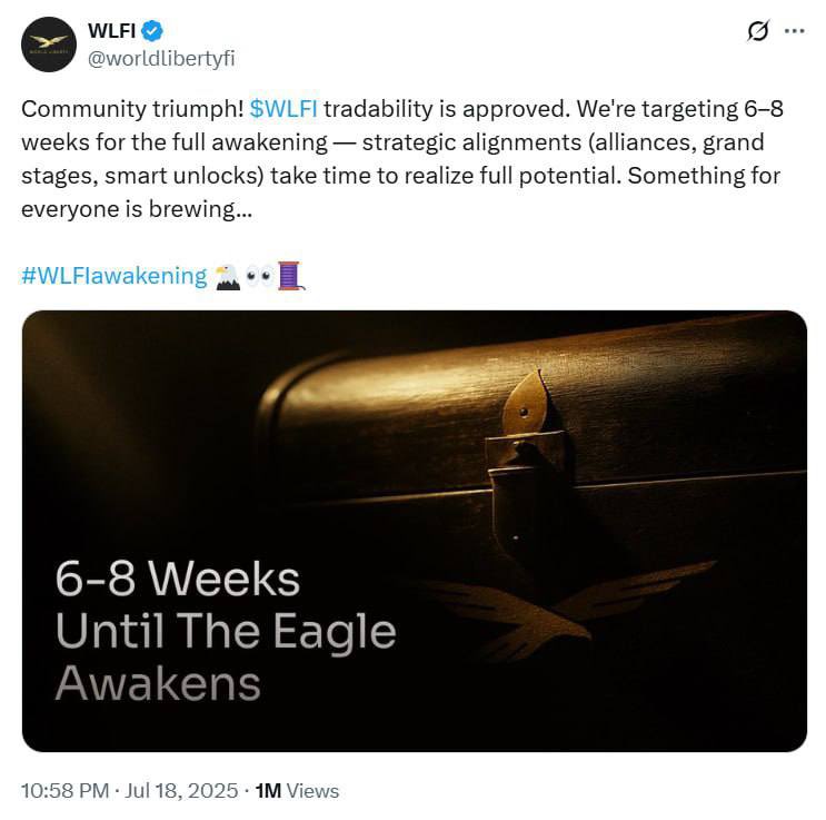 Eljaboom's tweet photo. $WLFI by @worldlibertyfi could launch next month.

$205M USD1 was minted yesterday for #WLFI treasury.

Billions in WLFI are being transferred to BitGo.

Also in July 2025, World Liberty mentioned the 8 week timeline which will end next month. 🦅 

How excited are you for WLFI launch?