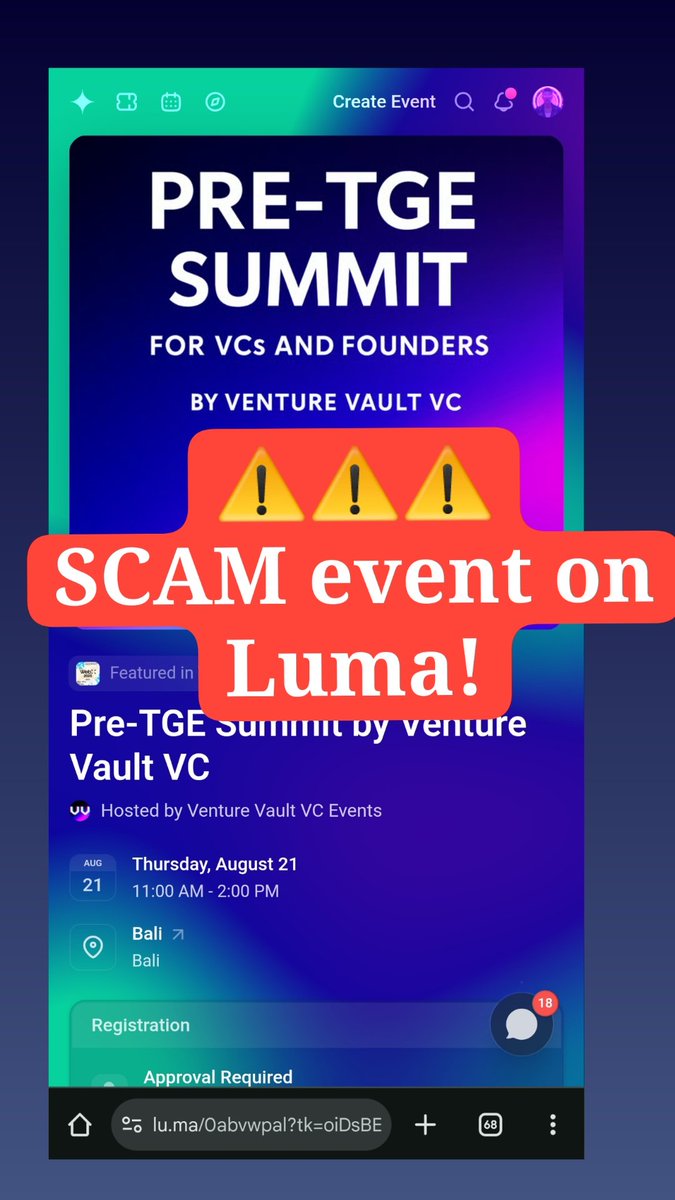 venturevaultvc's tweet photo. ⚠️Beware of scammers on @LumaHQ!

We DO NOT HOST any side events on #CoinfestAsia2025!

This event is a data scam https://t.co/1y0Y1A2y8x

Please report and don't share your information! https://t.co/L1ht50bVGX