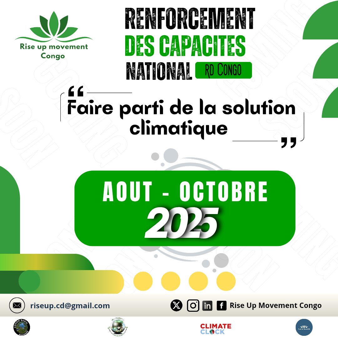 RiseUpCongo's tweet photo. Nous avons le plaisir d'inviter les jeunes congolais à participer à ce programme de renforcement des capacités sur le thème "𝑭𝒂𝒊𝒓𝒆 𝒑𝒂𝒓𝒕𝒊𝒆 𝒅𝒆 𝒍𝒂 𝒔𝒐𝒍𝒖𝒕𝒊𝒐𝒏 𝒄𝒍𝒊𝒎𝒂𝒕𝒊𝒒𝒖𝒆"
En ligne en français
candidatures : https://t.co/wC0A8NfwxA
Date limite : 31/08/25 https://t.co/CWqdoBIkJT
