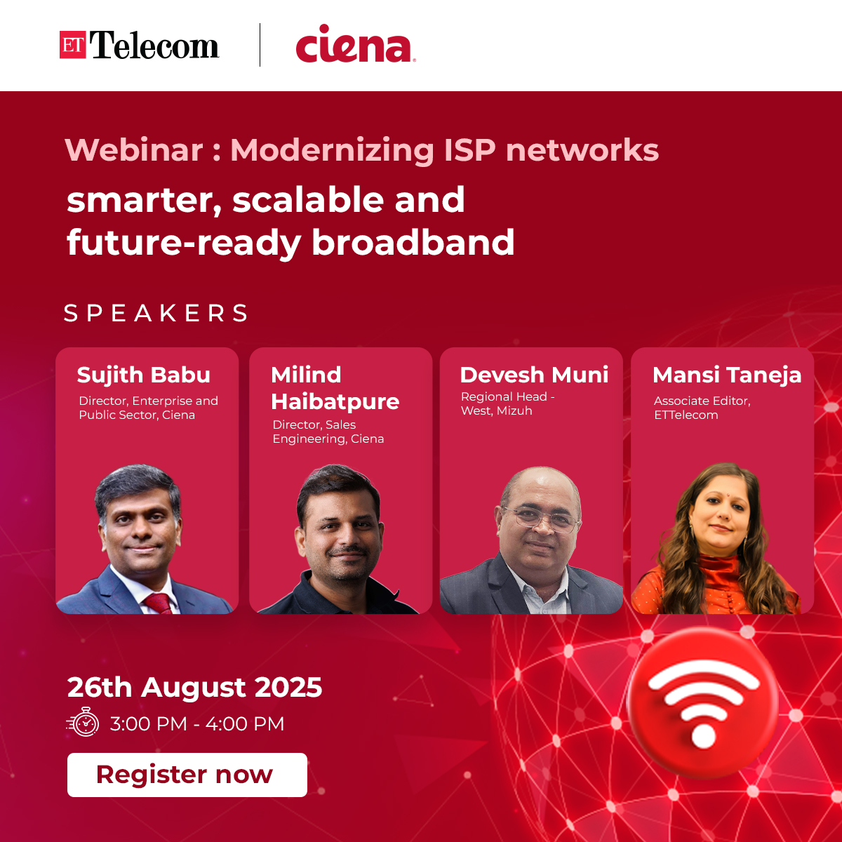 Join us for an engaging virtual discussion on 'Modernizing ISP networks: smarter, scalable &amp; future-ready broadband'. Hear from experts at <a href="/CienaIndia/">CienaIndia</a> &amp; Mizuho as they share insights on industry trends, challenges &amp; strategies. 

Register Now: telecom.economictimes.indiatimes.com/webinar/modern…

#Telecom