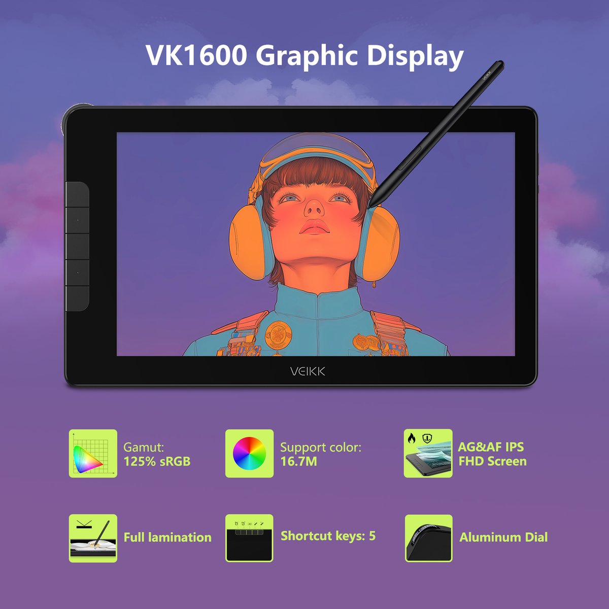VEIKK Studio 16(VK1600) pen display tablet with screen:
✨ 15.6-inch active area
✨Five shortcut keys and 1 quick dial
✨99% NTSC and 125% sRGB color gamut
You can view more details via our official website: veikk.com/route/v2/produ…