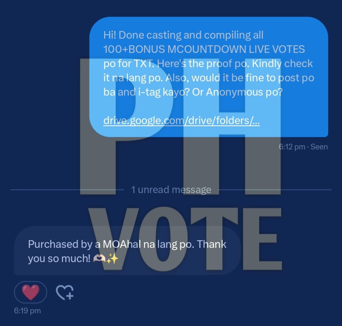 PH VOTE SELLER. (@phvoteseller) on Twitter photo SOLD | 2108 - MCOUNTDOWN LIVE VOTES
π« sold 100 mcountdown live votes for #TXT
 purchased by MOAhal
thank you so much for purchasing  π π«Άπ»
#PHvoteproofs SOLD | 2108 - MCOUNTDOWN LIVE VOTES
π« sold 100 mcountdown live votes for #TXT
 purchased by MOAhal
thank you so much for purchasing  π π«Άπ»
#PHvoteproofs