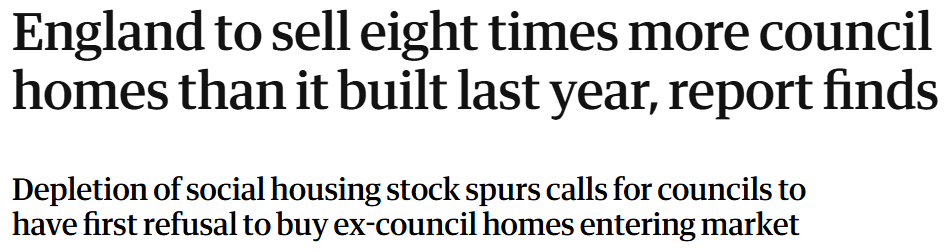 England will sell off many times more council homes this year than it built last year. This isn't an accident; it's a scandal.

Right to Buy has gutted our housing stock, fuelling chronic shortages and deepening inequality. End Right to Buy and reinvest in social housing today.