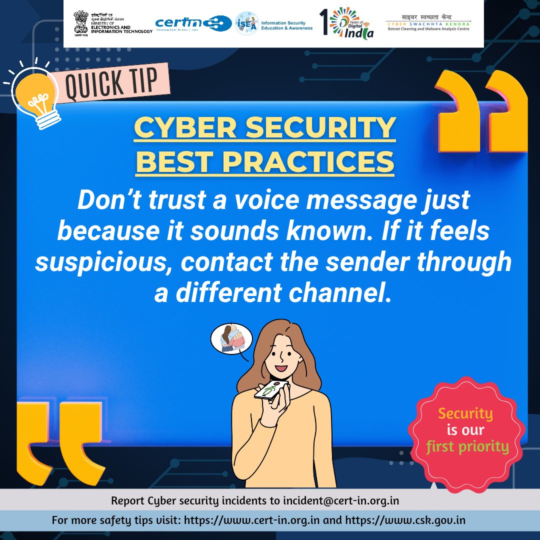 Cybersecurity best practices.  #indiancert #cyberswachhtakendra #StaySafeOnline #cybersecurity #besafe #staysafe #mygov #Meity #onlinefraud #scamming #cyberalert #CSK #CyberSecurityAwareness