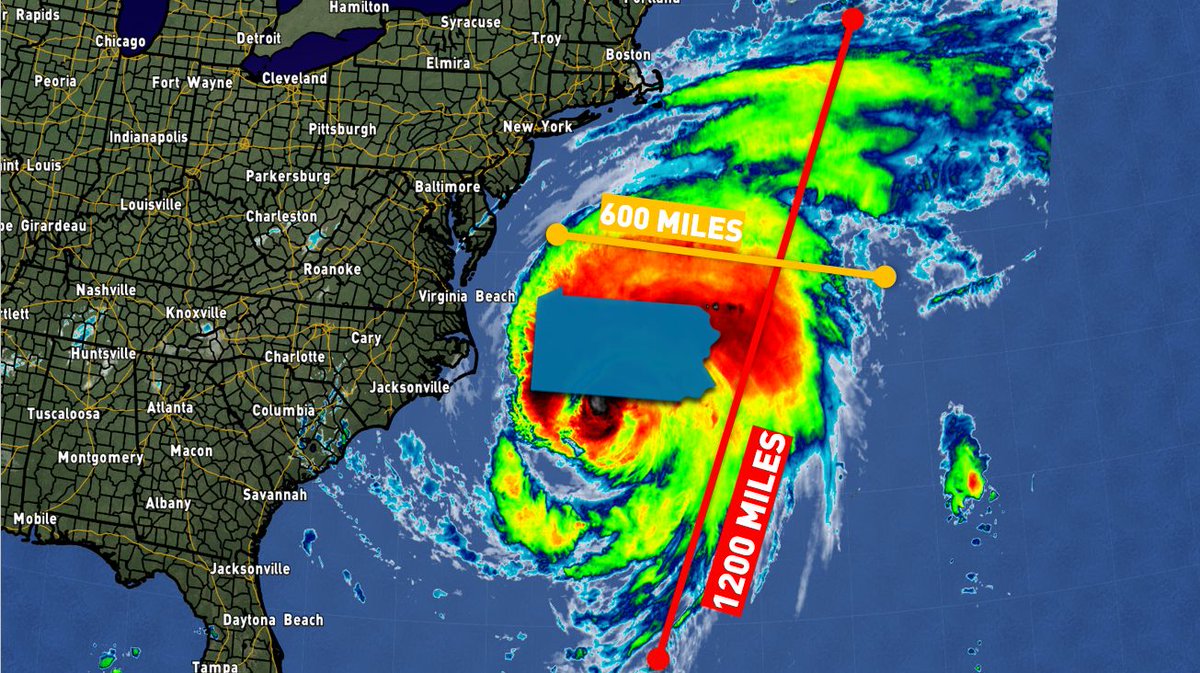 HOW BIG IS HURRICANE ERIN???

Pretty big! Its cloud deck is big enough to hold a few Pennsylvanias. Erin will continue to grow in size as it begins to transition from a tropical-driven system to more of an extratropical/synoptic system.  It's cloud deck stretches over 1200 miles