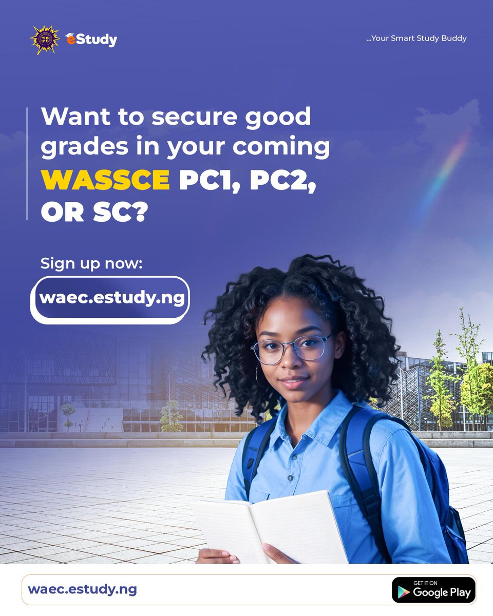 eStudy_ng's tweet photo. You too can score high in your upcoming WASSCE!

Whether you’re a Private Candidate (PC1, PC2) or a School Candidate (SC), WAEC eStudy has everything you need to prepare smarter and ace your exam.

👉Sign up now: https://t.co/CofciLoc6C to get started!

#WAECeStudy  #WASSCE #GCE https://t.co/ymJM2mZkcc